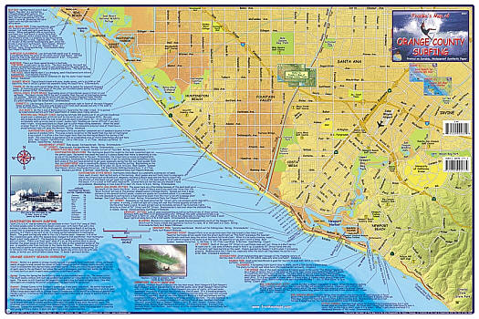 Orange County Surfing, Road and Recreation Map, California, America.
