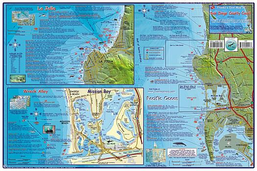 San Diego County Coast Diving, Road and Recreation Map, California, America.