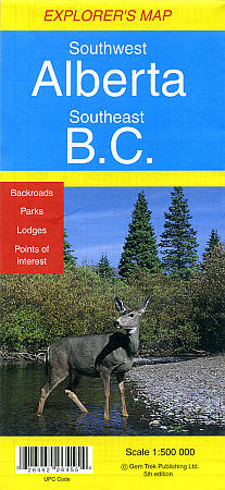 Alberta Southwest and BC Southeast Road and Topographic Tourist Map, British Columbia and Alberta, Canada.