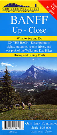 Banff, Up-Close and 3D Imagery Road and Topographic Tourist Map, British Columbia and Alberta, Canada.