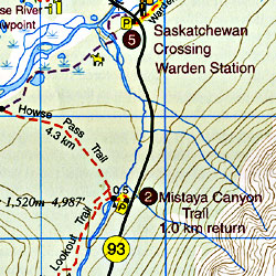 Bow Lake and Saskatchewan Crossing Road and Topographic Tourist Map, British Columbia and Alberta, Canada.