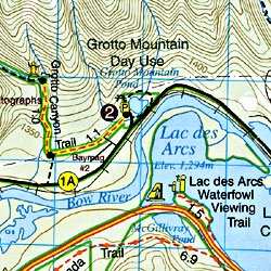 Canmore and Kananaskis Village Road and Topographic Tourist Map, British Columbia and Alberta, Canada.
