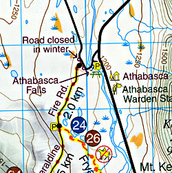 Jasper National Park and Maligne Lake Road and Topographic Tourist Map, British Columbia and Alberta, Canada.