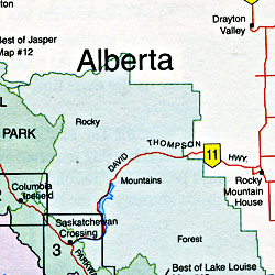 Kootenay National Park Road and Topographic Tourist Map, British Columbia and Alberta, Canada.
