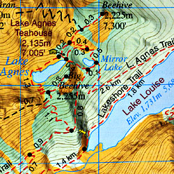 Lake Louise Road and Topographic Tourist Map, British Columbia and Alberta, Canada.