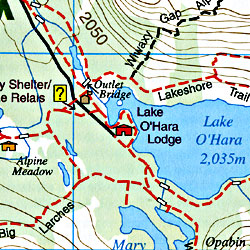 Lake O'Hara Road and Topographic Tourist Map, British Columbia and Alberta, Canada.