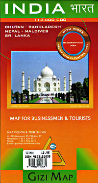 India, Nepal, Bhutan, Bangladesh, and Maldives, Road and Physical Tourist Map.