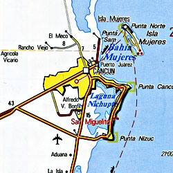 Quintana Roo State, Road and Tourist Map, Mexico.