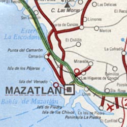Sinaloa State, Road and Tourist Map, Mexico.