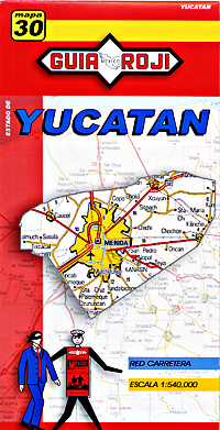 Yucatan State, Road and Tourist Map, Mexico.