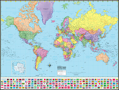 World Political, Flags WALL Map (Flat Sheet). Scale 1:30,000,000.