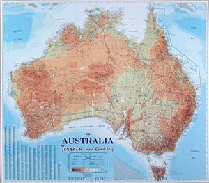 Australia Terrain Road and Shaded Relief WALL Map.