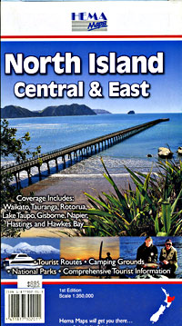 North Island, Central and East, Road and Tourist Map, New Zealand.