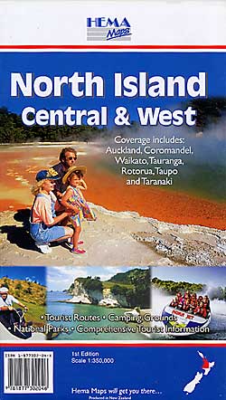 North Island, Central and West, Road and Tourist Map, New Zealand.