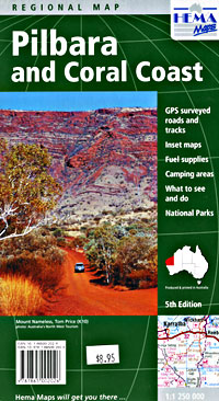 Pilbara and Coral Coast, Regional Road and Tourist Map, Western Australia, Australia.