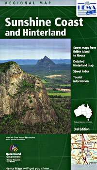 Sunshine Coast and Hinter Land, Regional Road and Tourist Map, Queensland, Australia.