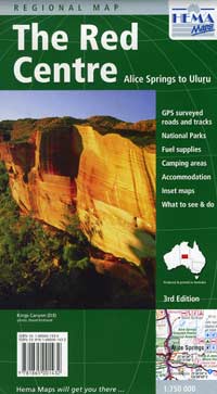 The Red Centre, Regional Road and Tourist Map, Northern Territory, Australia.