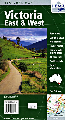 Victoria, East and West, Regional Road and Tourist Map, Australia.