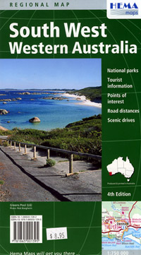 Western Australia, South West, Regional Road and Tourist Map, Australia.