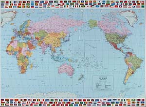 World Political, "Pacific Centered" with Flags WALL Map.
