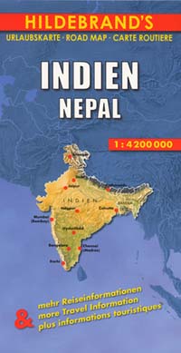 India and Nepal, Road and Shaded Relief Tourist Map.