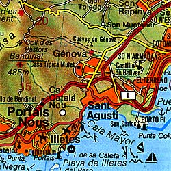 Mallorca Island, Road and Shaded Relief Tourist Map, Balearic Isles, Spain.
