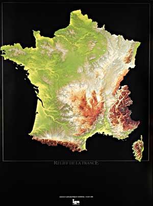 France, Physical, Relief WALL Map.