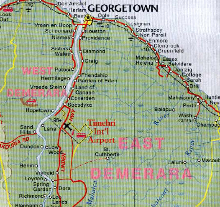 Guyana Road and Physical Travel Reference Map.