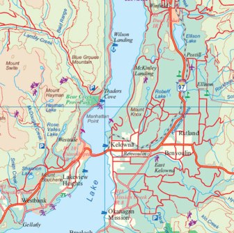 Okanagan and Shuswap Road and Physical Travel Reference Map, Canada.