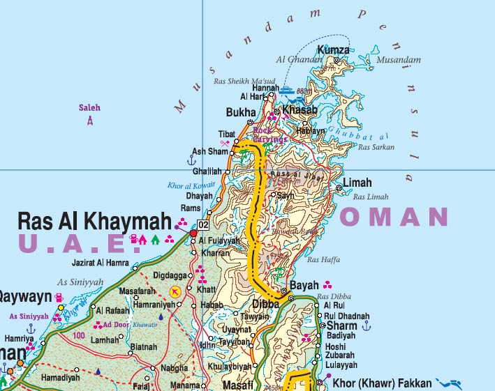 Oman and the United Arab Emirates, Road and Physical Travel Reference Map.