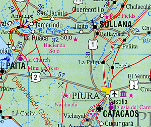 Peru Road and Physical Travel Reference Map.