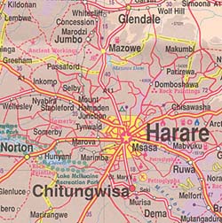 Zimbabwe Road and Physical Travel Reference Map.