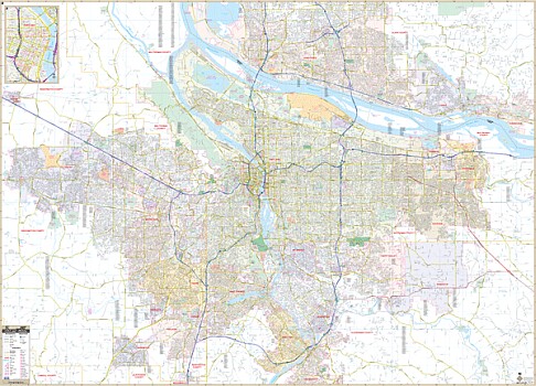 Portland WALL Map, Oregon, America.