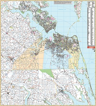 Portsmouth and Norfolk WALL Map, Virginia, America.