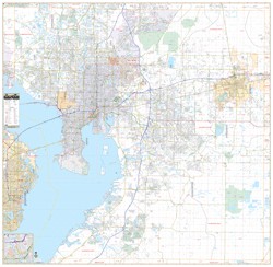 Tampa and Hillsborough WALL Map, Florida, America.
