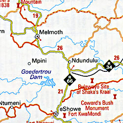 KwaZulu-Natal Road and Tourist Map, South Africa.