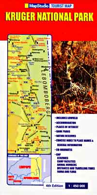 Kruger National Park, Road and Tourist Map, South Africa.