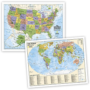 Political World and USA Education "BUNDLE" WALL Map.