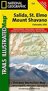Salida, St. Elmo and Shavano Peak , Road and Recreation Map, Colorado, America.