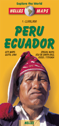 Ecuador and Peru, Road and Shaded Relief Tourist Map.