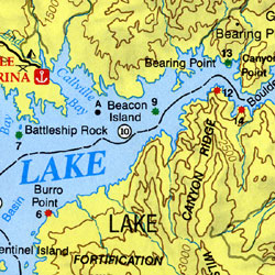 Lakes Mead, Mojave and Havasu, Road and Recreation Map, Utah, America.