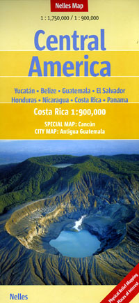 Central America, Road and Shaded Relief Tourist Map.