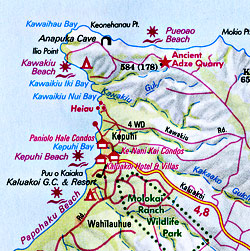 Molokai, Maui, and Lanai, Road and Tourist Map, Hawaii, America.