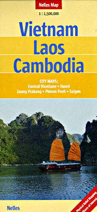 Vietnam, Laos, and Cambodia, Road and Shaded Relief Tourist Map.