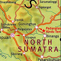 Sumatra, North, Road and Shaded Relief Tourist Map, Indonesia.