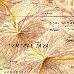 Java, Central (Yogyakarta), Road and Shaded Relief Tourist Map, Indonesia.
