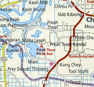 Cambodia Road and Topographic Tourist Map.