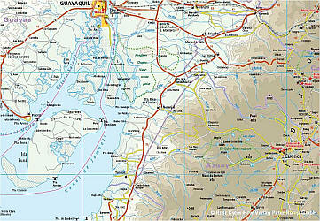 Ecuador and Galapagos Islands, Road and Topographic Tourist Map.