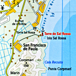 Ibiza and Formentera, Road and Topographic Tourist Map, Balearic Isles, Spain.