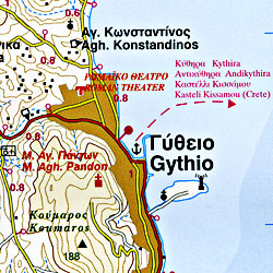 Mani Island, Road and Physical Tourist Map, Greece.